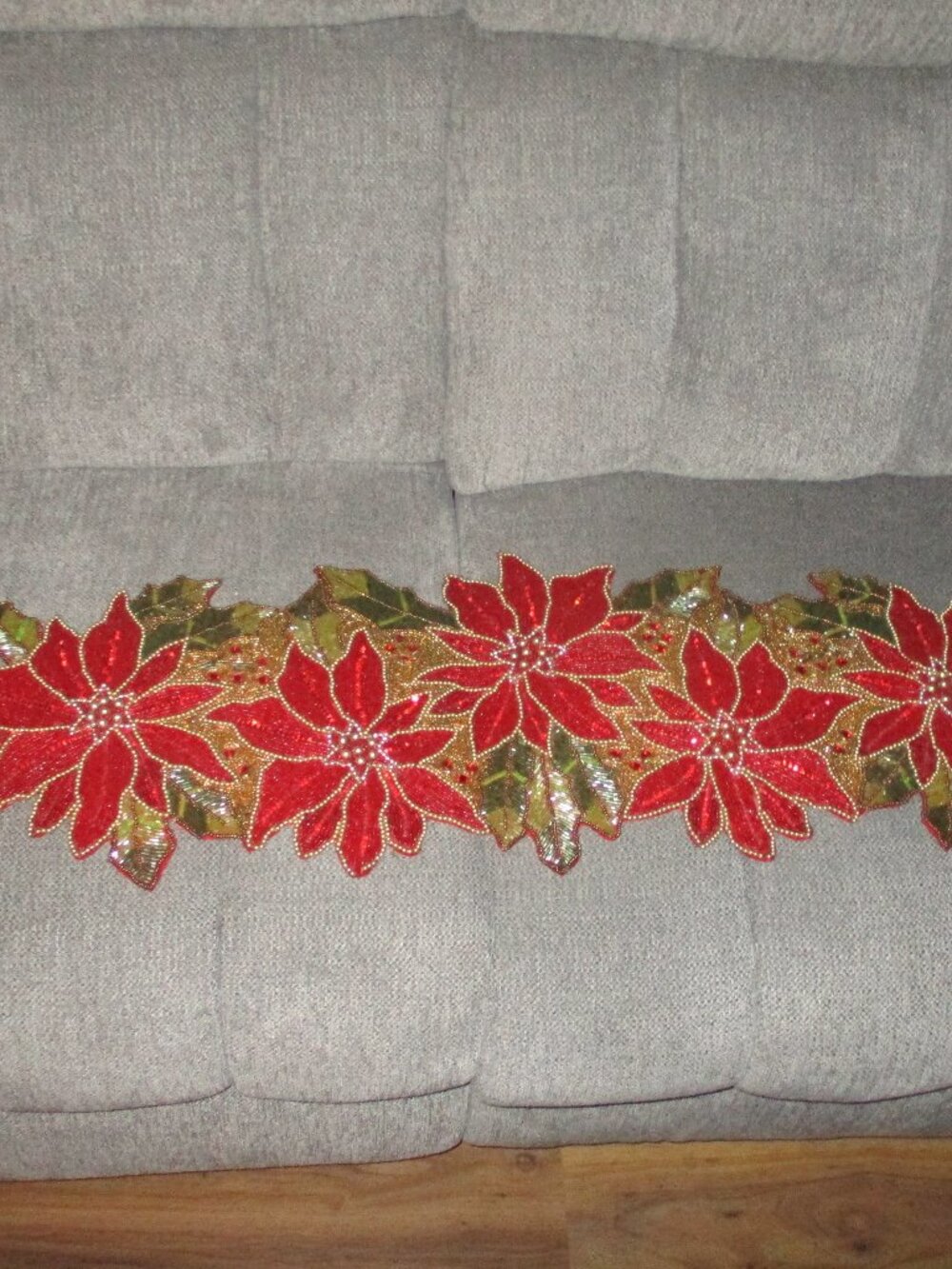 Piet One Imports Beaded Table Runner Poinsettia Christmas Vintage Red Gold Green